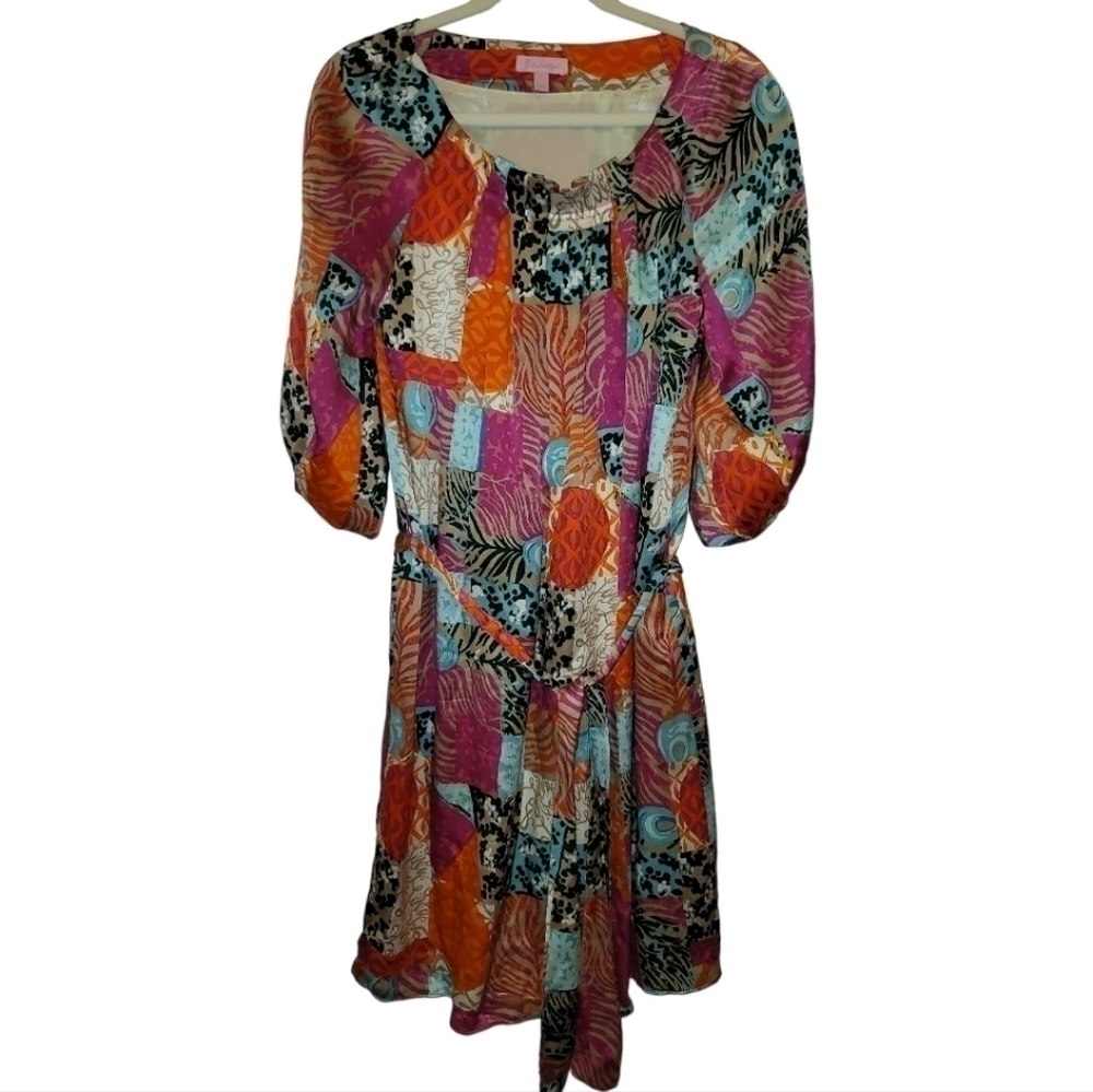 Lilly Pulitzer Multicolor Silk Keating Dress 8 Patchwork Print Belted Tie Waist